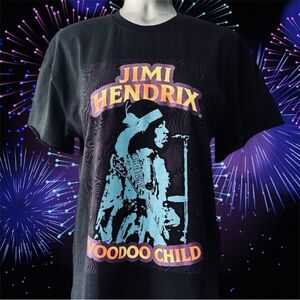 💟Jimi Hendrix Graphic Black Distressed Raw Edge Sleeves T-Shirt